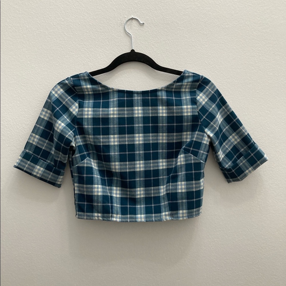 Fleet Collection Teal Plaid/Gingham Crop Top